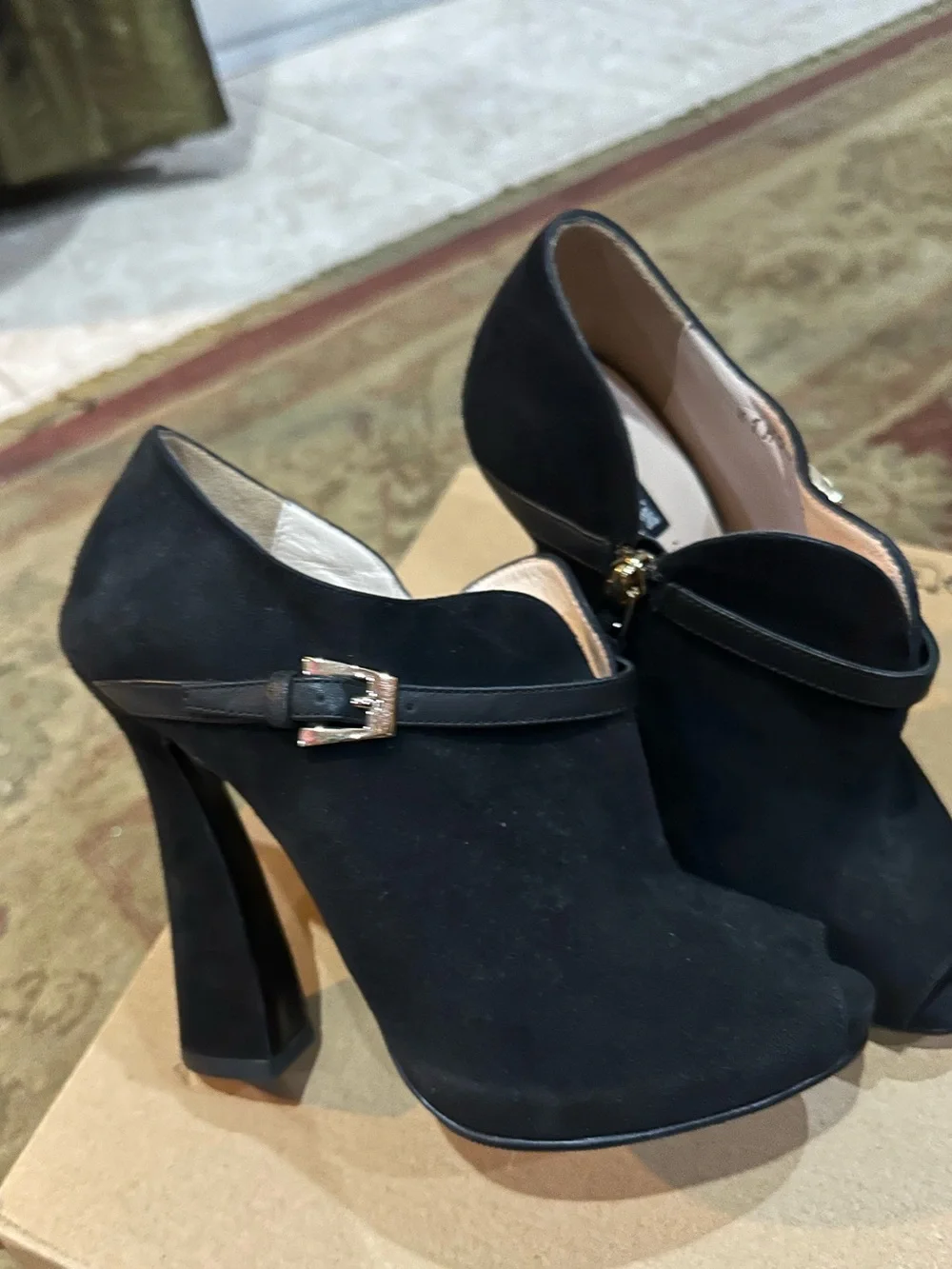 Giorgio Armani Black Suede Peep-Toe Ankle Booties with Gold Buckle Size 35